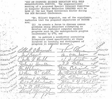 The petition to form SIGCSE in 1968
